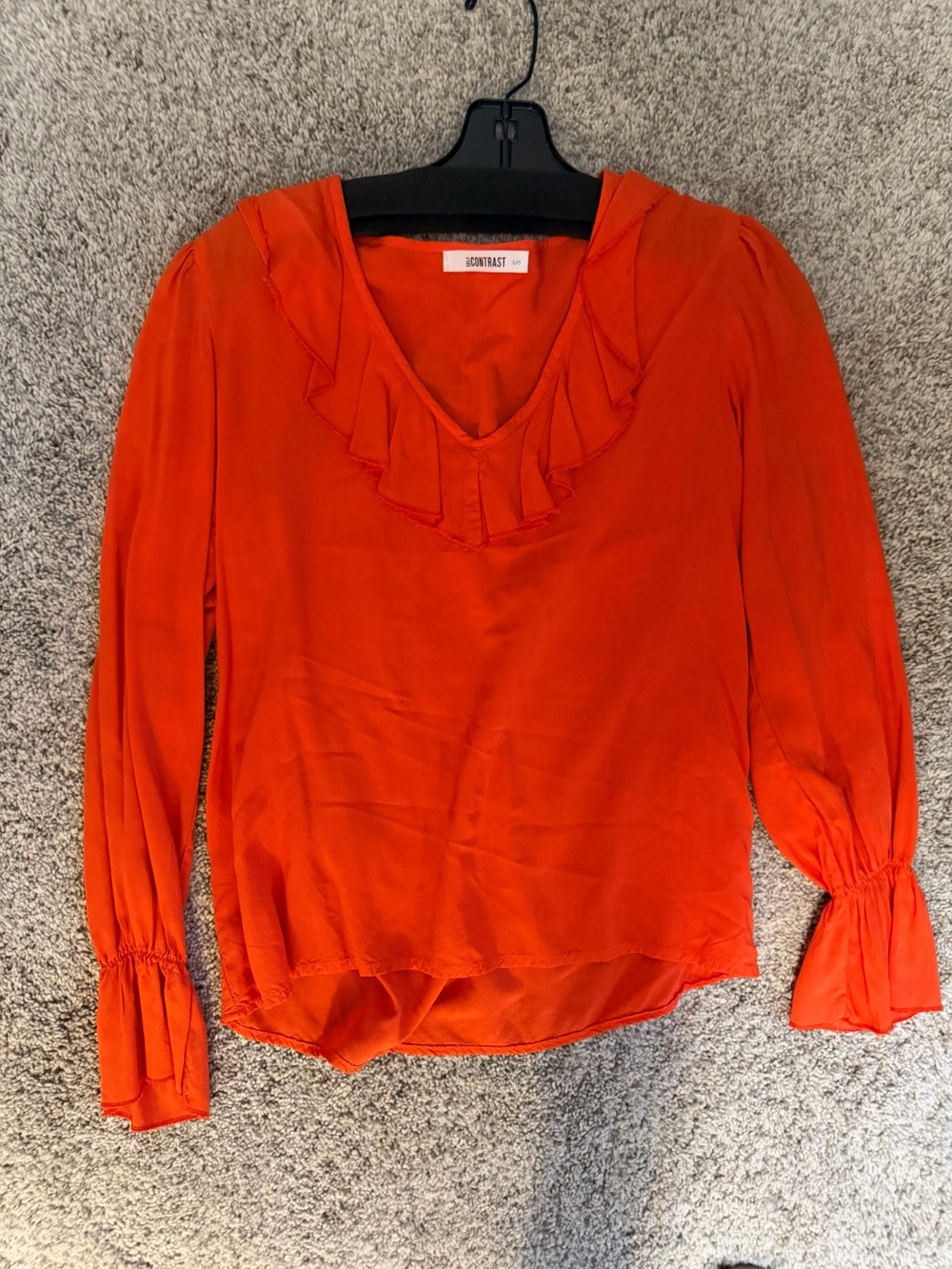Contrast Ruffle V-Neck Long Sleeve Blouse in Orange